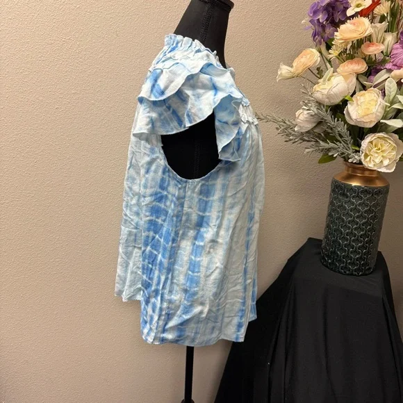 BiBi Blue Tie-Dye Ruffle Sleeve Blouse XL Boho Chic Summer Casual Top - Picture 4 of 8